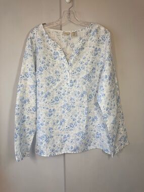 L.L. Bean White and Light Blue Floral linen Henley Tunic